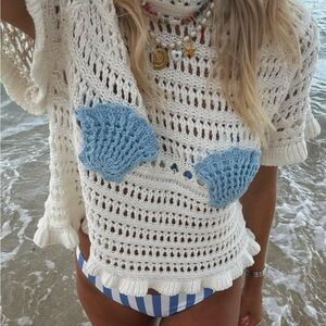 ISO: ASOS open knit t-shirt with shell crochet patches in straw XS-S-M